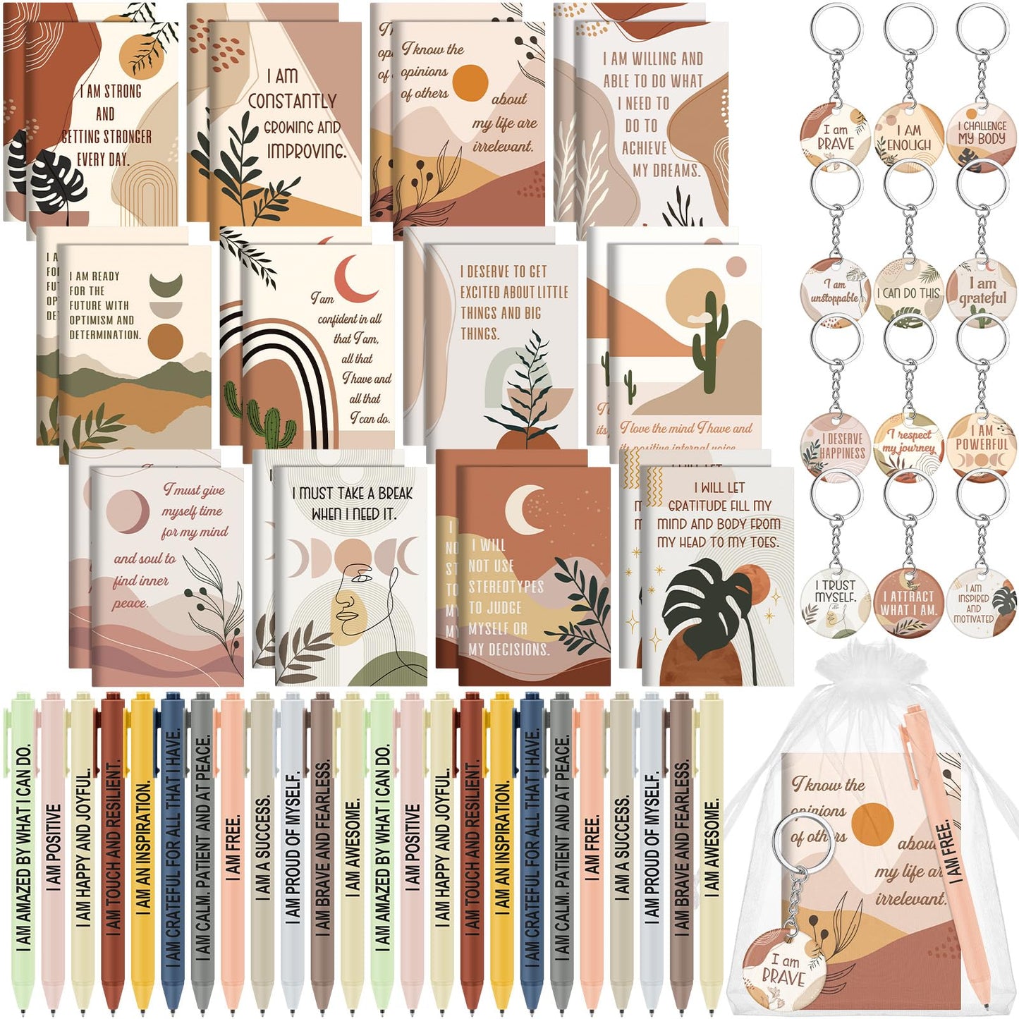 Mooliwe 36 Pcs/12 Set Positive Affirmation Gift Set Gratitude Notebooks with Pens Acrylic Keychains Small Bags Motivational Notepads for Women Coworkers Christmas Adults Party Favors (Boho)