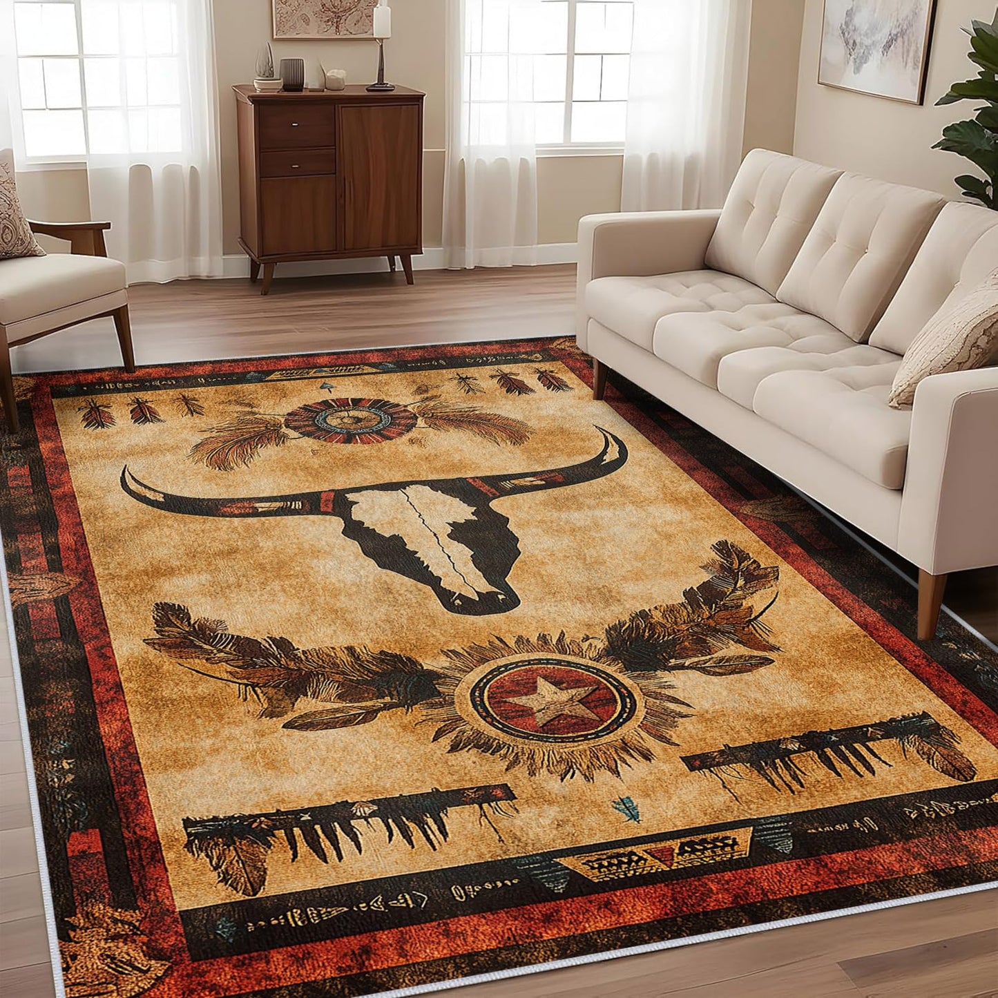Western Area Rug Southwestern Cow Washable 5x7 Navajo Tribal Rugs for Living Room Bedroom Cowboy Rustic Non-Slip Soft Floor Large Carpet for Office Entryway Bathroom