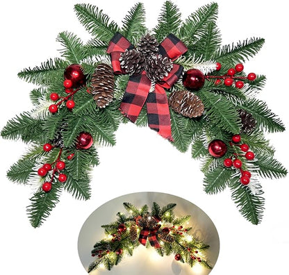 27.6" Christmas Swag with Lights Artificial Decorative Swag with Cute Bow Red Xmas Balls PineCones Red Berries Cedar Pine Swag Wreath Decoration for Front Door Table Window Stair Mantle Holiday Decor