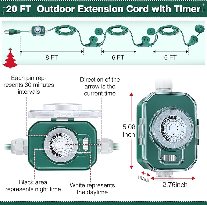 Feekoon 20FT Outdoor Extension Cord Splitter with Timer, Waterproof 3-Outlet Cord with Safety Cover 16/3 SJTW Weatherproof Power Cable for Outdoor Halloween Christmas Decorations Garden Lights