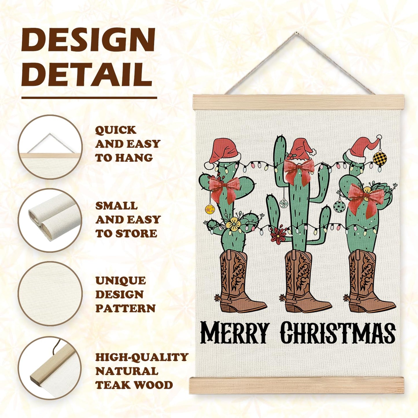 Western Christmas Wall Decor, Christmas Red Bow Cactus Cowboy Boots Wall Art With Wooden Poster Hanger, Christmas Wall Decoration, Western Christmas Wall Art Decor for Home Office, 12x16 Inch