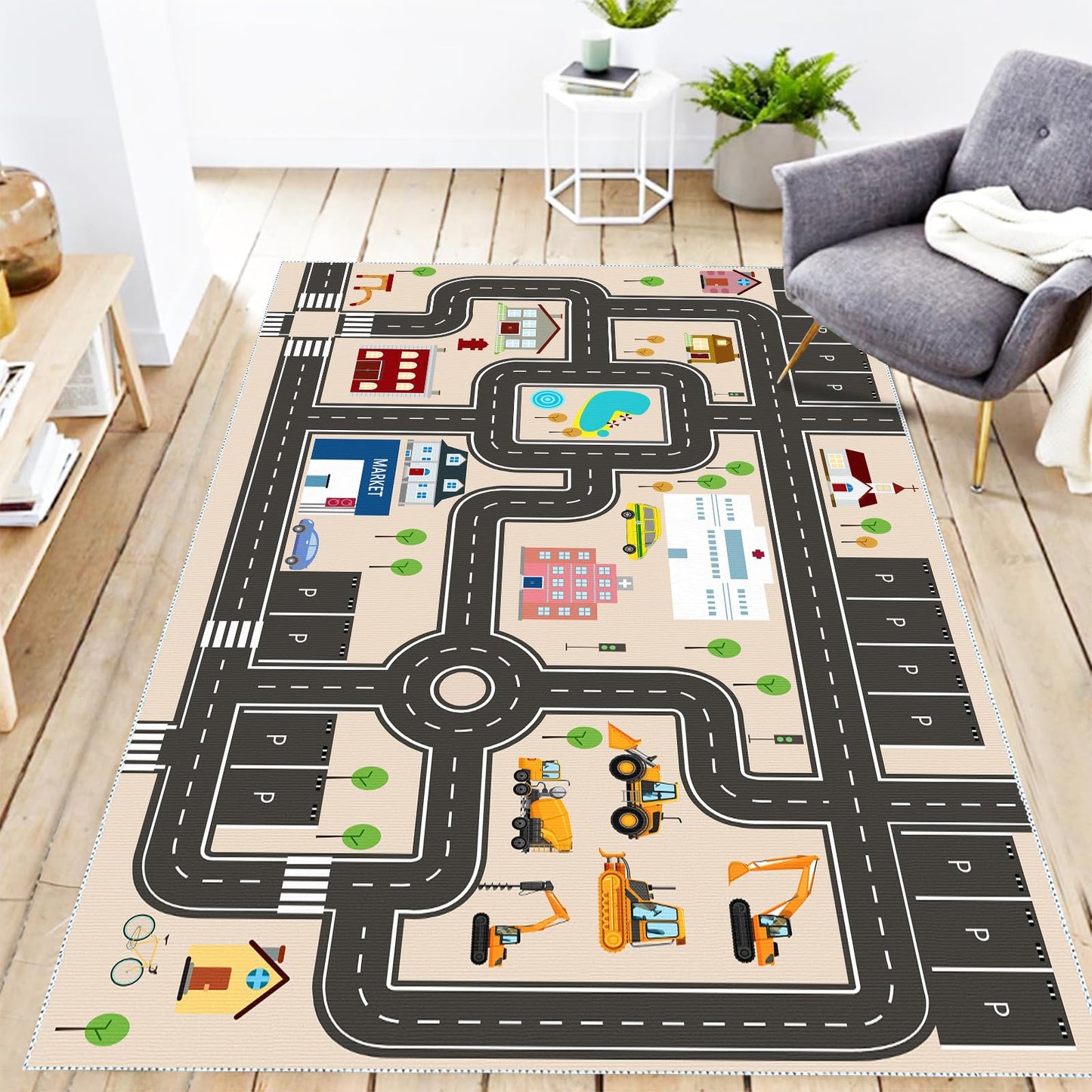 Jngred Kids Car Rug Playmat with Non-Slip Rubber Backing，Car City Life Road Carpet，Child Car Traffic Rugs ，Train Track Play Mat(80×120cm/32×47in)