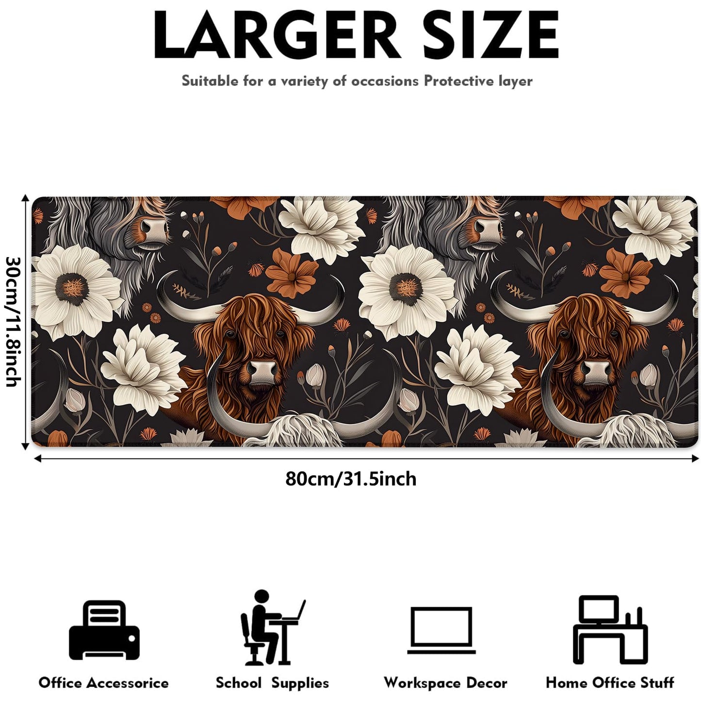 Rustic Highland Cow & Floral Gaming Mouse Pad, Large Cows Desk Mat for Laptop Keyboard Computer, Non-Slip Rubber Base Desktop Extended Mousepad for Office Home Accessories 31.5"×11.8"