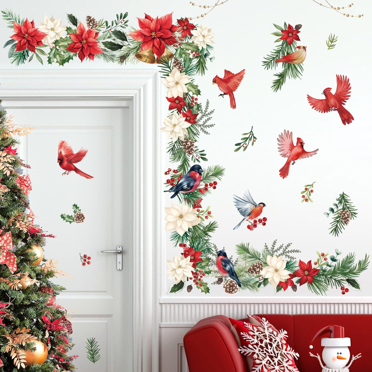 wondever Christmas Flower Cardinal Wall Stickers Christmas Leaves and Floral Red Bird Christmas Window Wall Art Decals for Party Window Xmas Home Party