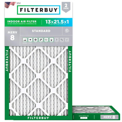 Filterbuy 13x21.5x1 Air Filter MERV 8 Essential Dust & Allergy Defense (2-Pack), Electrostatic Pleated HVAC AC Furnace Filters Replacement, Made in USA (Actual Size: 12.88 x 21.50 x 0.75)