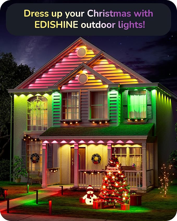 EDISHINE 120ft Permanent Outdoor Christmas Lights, 80 LED RGB+IC+Warm/Cool White Eave Light, App/Remote Control, IP67 Waterproof 50 Scene Modes for House and Daily Decor, Alexa Google Enable