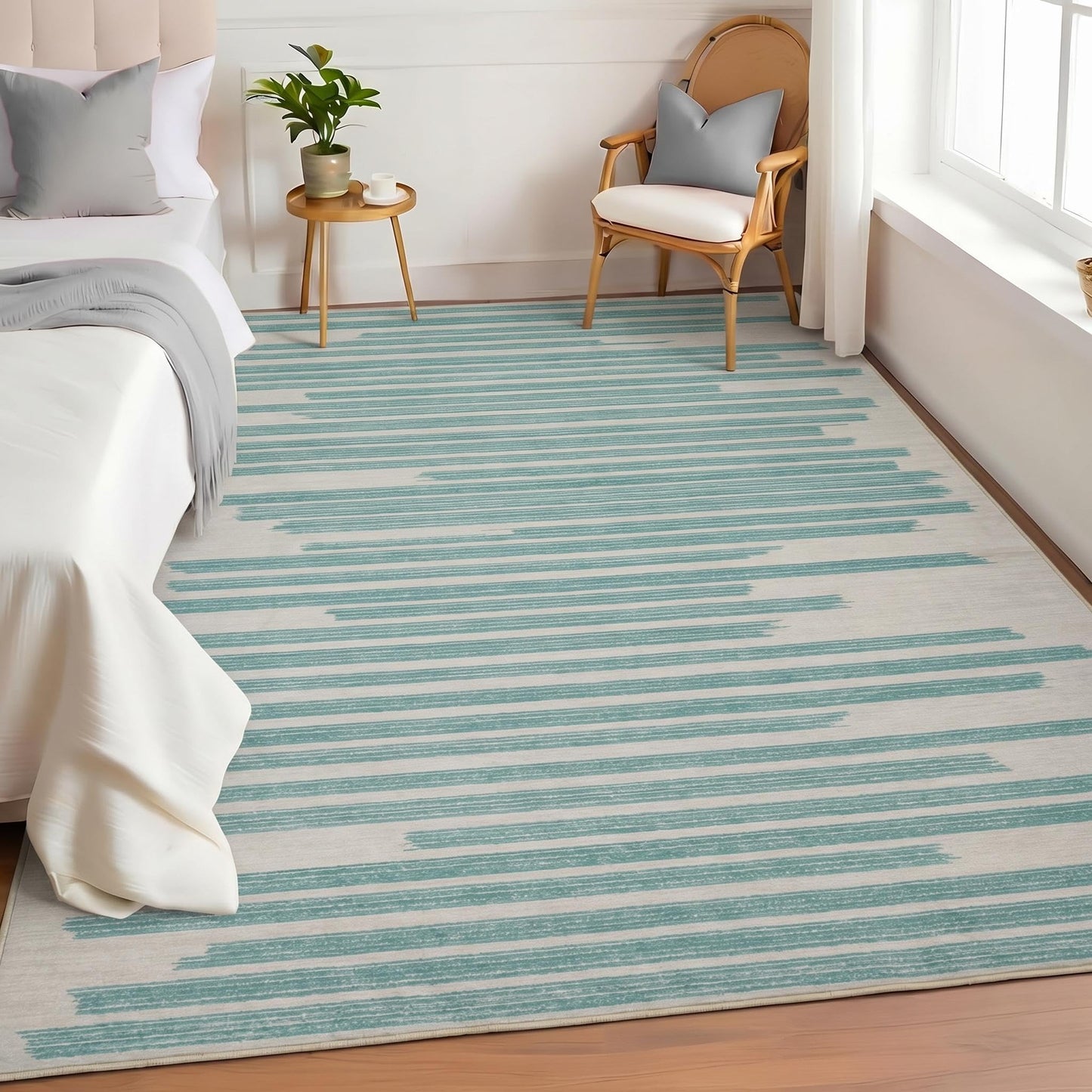 GarveeHome 5x7 Green Rug Washable Striped Carpet for Living Room Bedroom Modern Non Slip Low Pile Small Aea Rugs with Green Lines Geometric Stain Resistant Simple Office Rugs, Turquoise