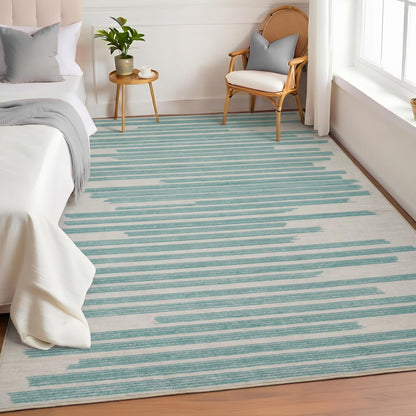 GarveeHome 5x7 Green Rug Washable Striped Carpet for Living Room Bedroom Modern Non Slip Low Pile Small Aea Rugs with Green Lines Geometric Stain Resistant Simple Office Rugs, Turquoise