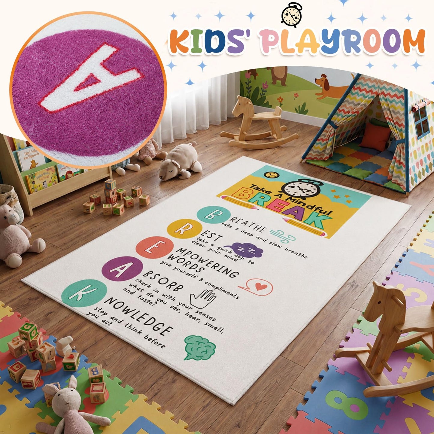 Nuanchu 3 x 5ft Classroom Rug Elementary, Calming Corner Classroom Rug, Floor Mental Health Mat Anti-Skid for Nursery Homeschool Playroom Elementary(Take A Mindful Break)