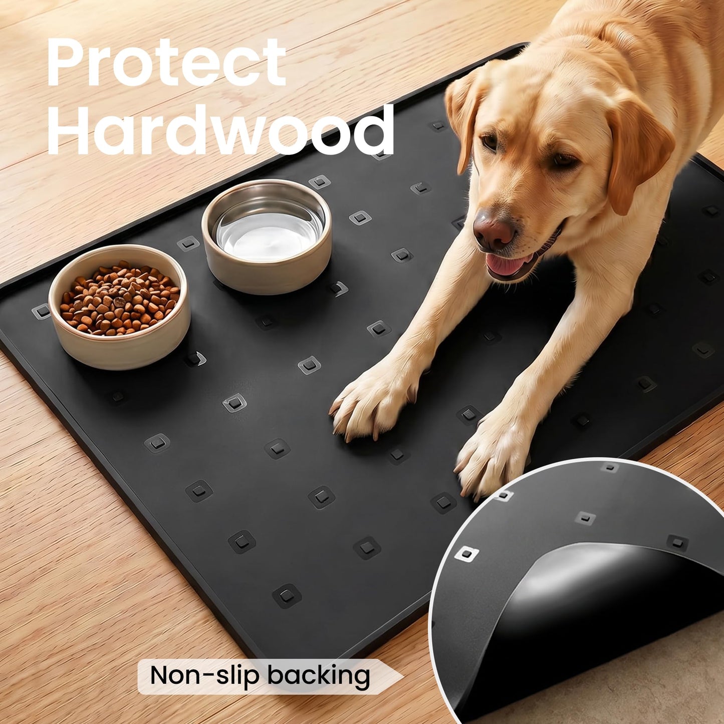 TCULOSD Silicone Pet Feeding Mat, 26x18 Inch Waterproof Dog Bowl Mat – Non-Slip, Machine Washable, Thin 0.23 Inch Edge for Messy Eaters, Protects Hardwood & Tile Floors, Black