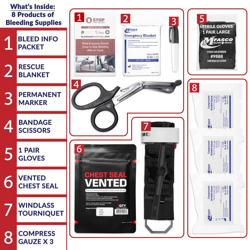 MFASCO 10-Piece Stop The Bleed - Bleeding Control Kit, Tourniquet, Compressed Gauze, Chest Seal, Portable, Easy-to-Open Packaging, Packed in A Plastic Kit That Can Be Mounted or Carried