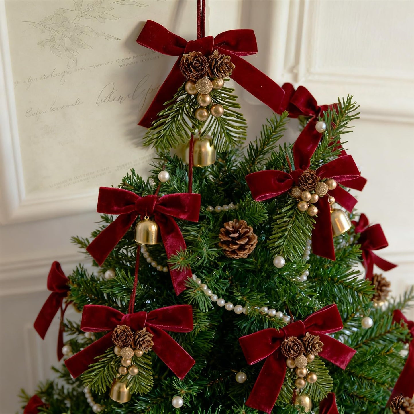 24 PCS Red Velvet Bows for Christmas Tree, Red Velvet Bows with Gold Ties, for Christmas Tree Party Front Door Wreath Holiday Indoor Inside Decor