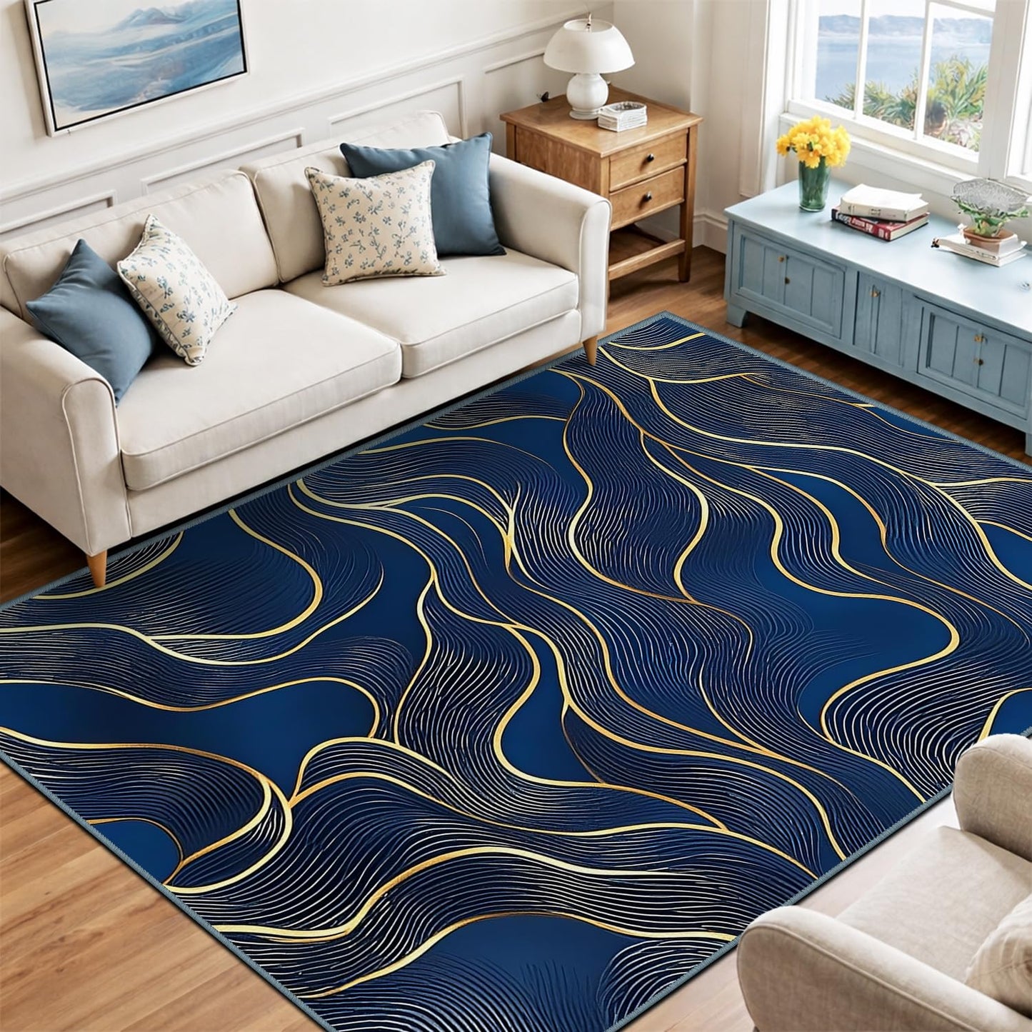8x10 Area Rug Blue Gold Modern Rug for Living Room Indoor Machine Washable Abstract Rugs for Bedroom Ultra Soft Dining Room Large Carpet Non-Slip Non-Shedding Throw Rug for Home Office