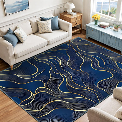 8x10 Area Rug Blue Gold Modern Rug for Living Room Indoor Machine Washable Abstract Rugs for Bedroom Ultra Soft Dining Room Large Carpet Non-Slip Non-Shedding Throw Rug for Home Office
