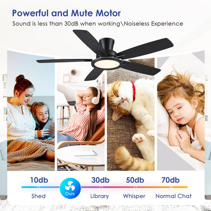 BYKISTOK Flush Mount Ceiling Fan with RGB Light - 52In Black Ceiling Fan Light with Reversible Mute Motor, LED 3CCT Dimmable, Low Profile Modern Ceiling Fans for Indoor, Party, Covered Outdoor