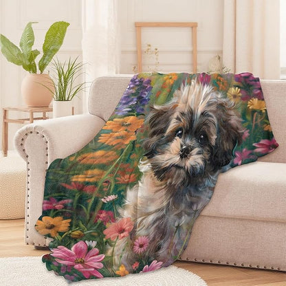 Shih Tzu Flower Throw Blanket for Boys Girls Kids Adults Women, Fuzzy Warm Soft Cozy Flannel Blankets Gifts for Bedroom, Couch, Travel, Home Decor 40x50 in