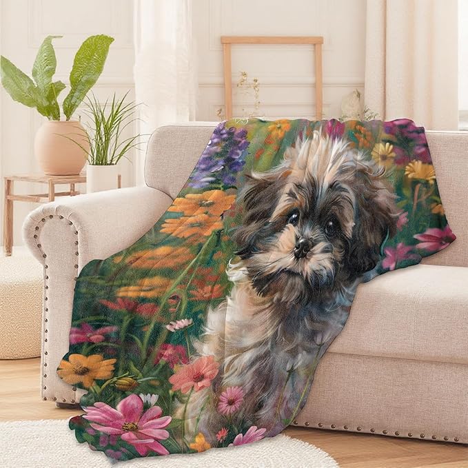 Shih Tzu Flower Throw Blanket for Boys Girls Kids Adults Women, Fuzzy Warm Soft Cozy Flannel Blankets Gifts for Bedroom, Couch, Travel, Home Decor 60x80 in