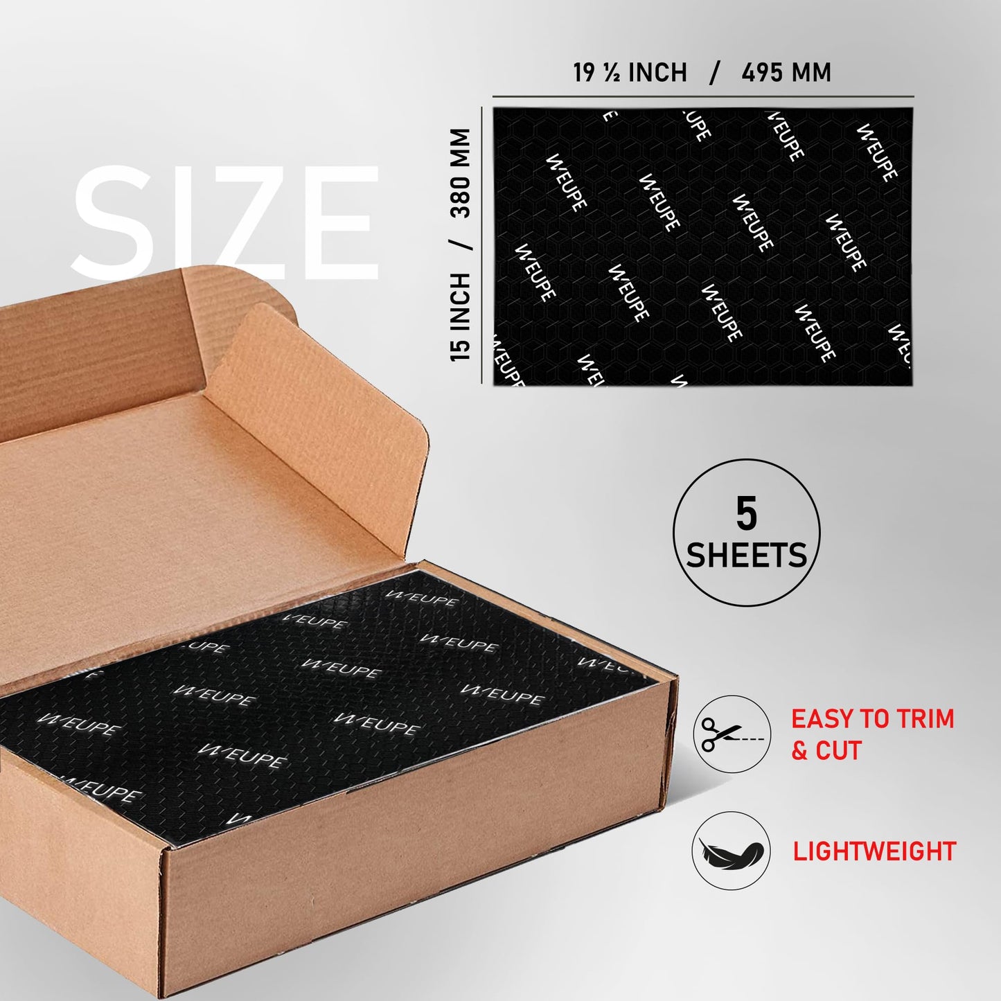 WEUPE Sound Deadening Mat for Cars, 80 mil 5 sqft, Butyl Automotive Sound Deadener, Noise Insulation Dampening Material for Car Trunk, Speaker, Door, Floor and Ceiling, Black
