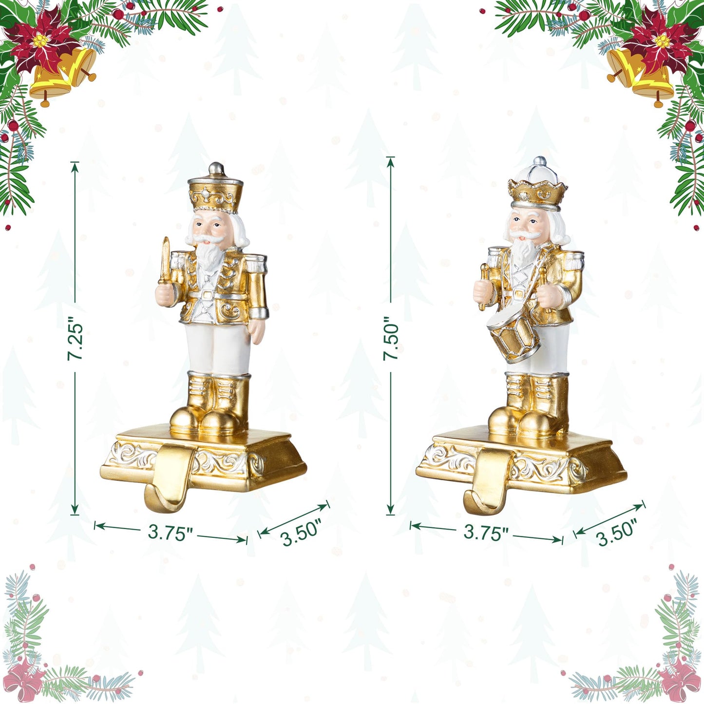 Glitzhome Nutcracker Christmas Stocking Holders, Set of 2 Gold and White Polyresin Mantel Hooks for Fireplace, Holiday Decor with Non-Slip Base