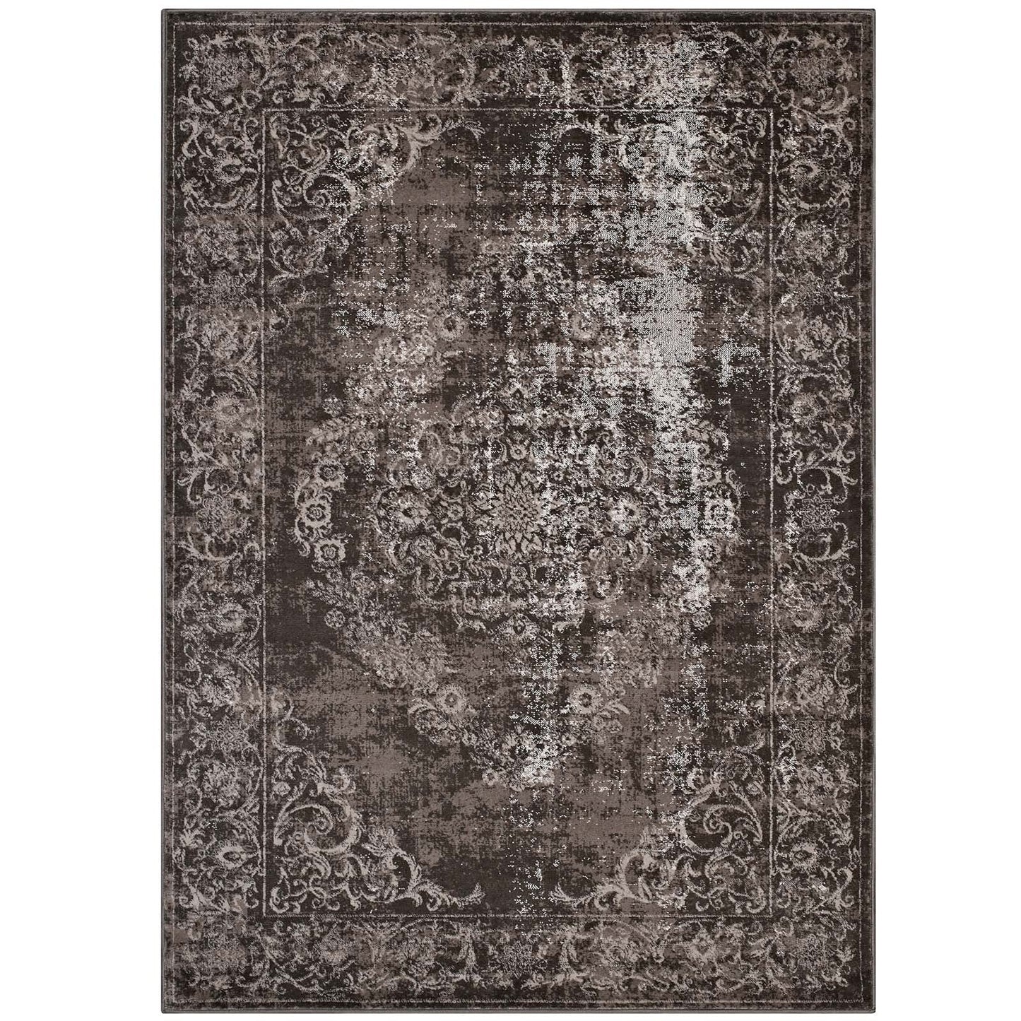 Modway Gamela Rustic Vintage Ornate Floral Medallion 5x8 Area Rug In Antique Light and Dark Brown