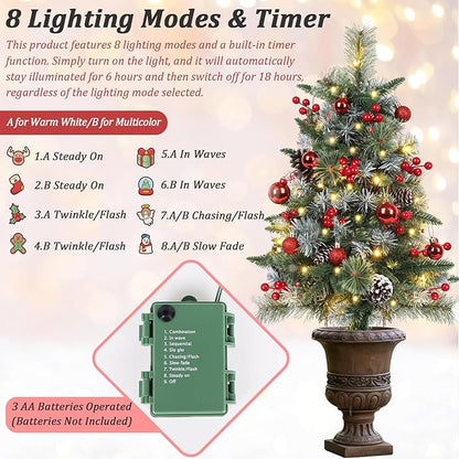 2 Packs 30in Frosted Outdoor Christmas Trees, Pre-Lit Battery Operated Fake Xmas Tree Holiday Decor with Stake, Multi-Color & WW Waterproof String Lights, Red Berries & Balls, Pine Cones