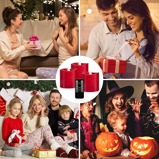 3" x 3" Red Flameless Candles - LED Pillar with Remote, Timer, Flickering, 600+ Hour Battery Life, Ideal for Christmas, Halloween, and Indoor Decor 3"*3"-3pcs