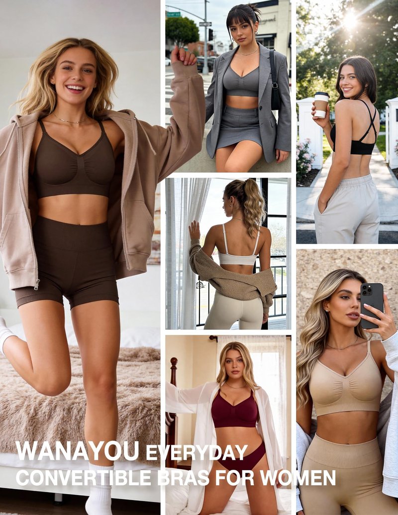 WANAYOU Bras for Women Bralettes for Women with Support Wireless Bras Compfortable No Underwire Push Up Padded Bra Seamless Soft Lift Everyday Bra V Neck Ajustable Straps T Shirt Bra 3 Pack