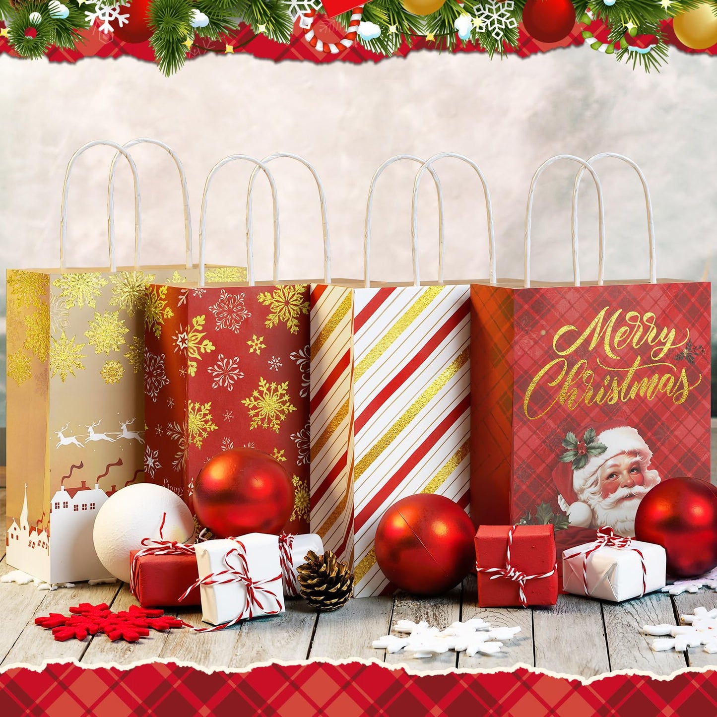 24 Pcs Christmas Gold Foil Gift Bags with Handles, 6 Assorted Xmas Designs, 8.3 x 6 x 3.5'' Holiday Kraft Paper Red and Gold Gift Bags for Christmas New Year Winter Party Favor, Goody Treat Wrapping