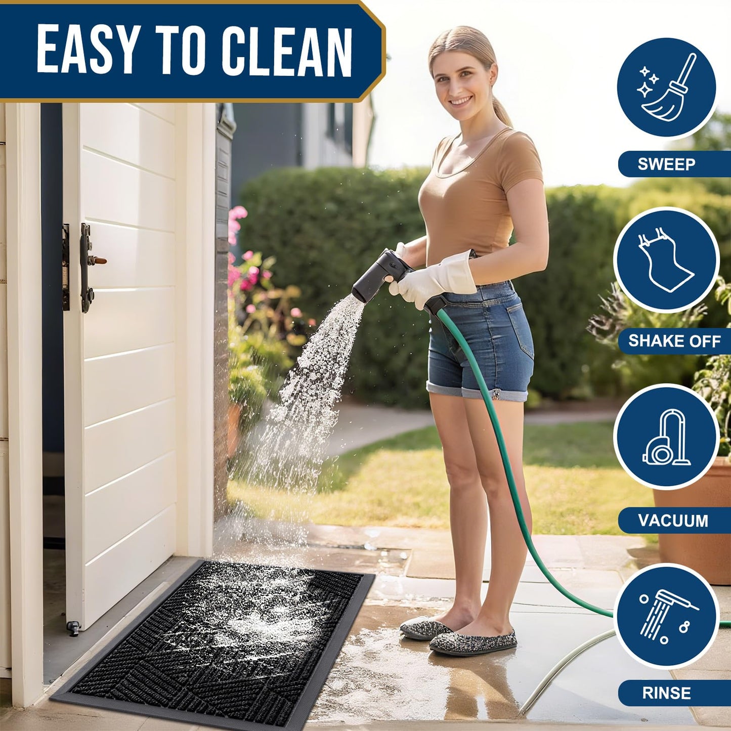 Smiry Front Door Mat Outside Entrance, Heavy Duty Sturdy Natural Rubber Doormat, Trap Dirt and Moisture, Easy Clean Low Profile Welcome Floor Mats for Indoor Outdoor Entry, 35x23 Inch, Black
