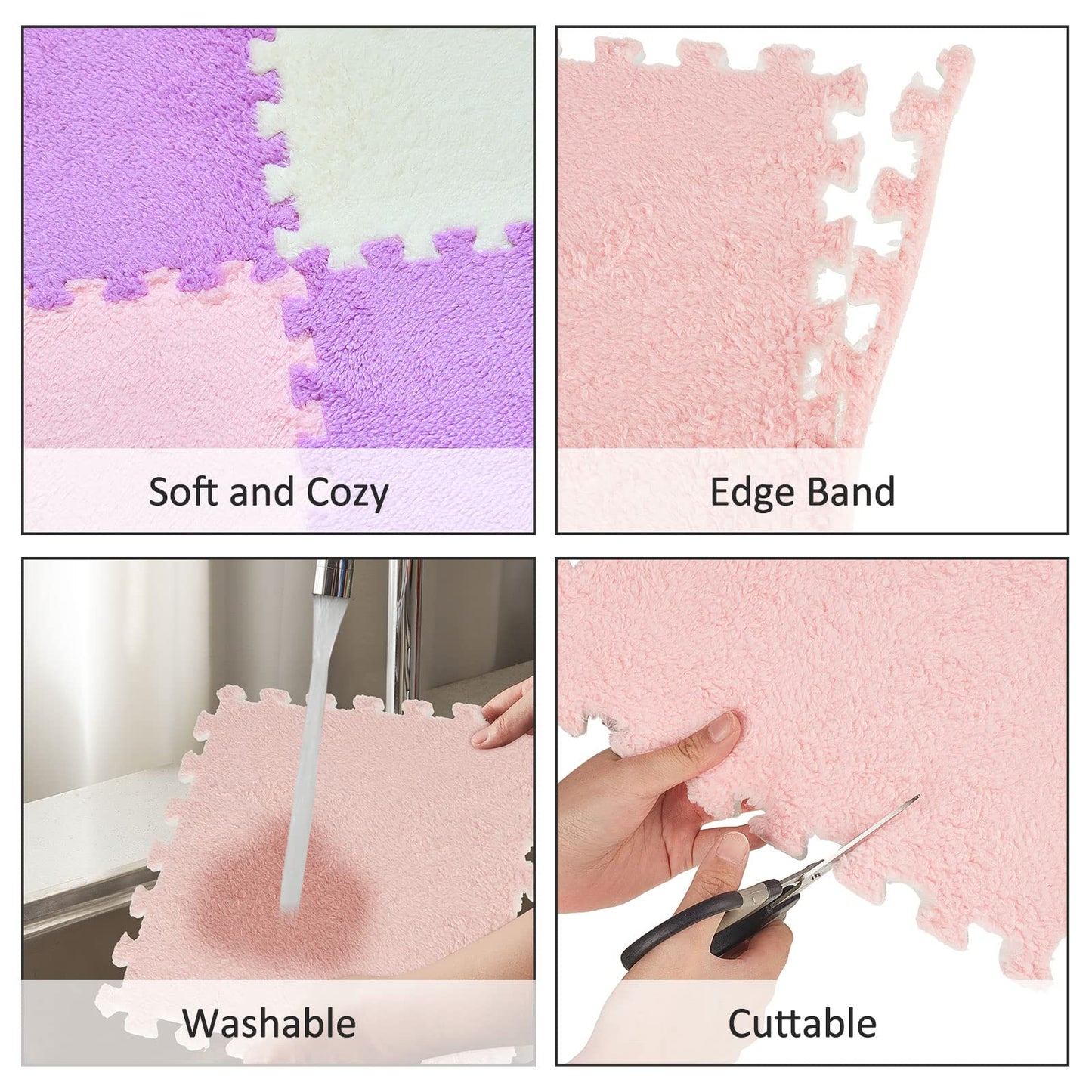 Amylove 72 Pieces Plush Foam Floor Mat Square Interlocking Carpet Tiles with Border 12 x 12 x 0.4 in Fluffy Play Mat Floor Tiles Soft Climbing Area Rugs for Home Playroom(White, Pink, Purple)