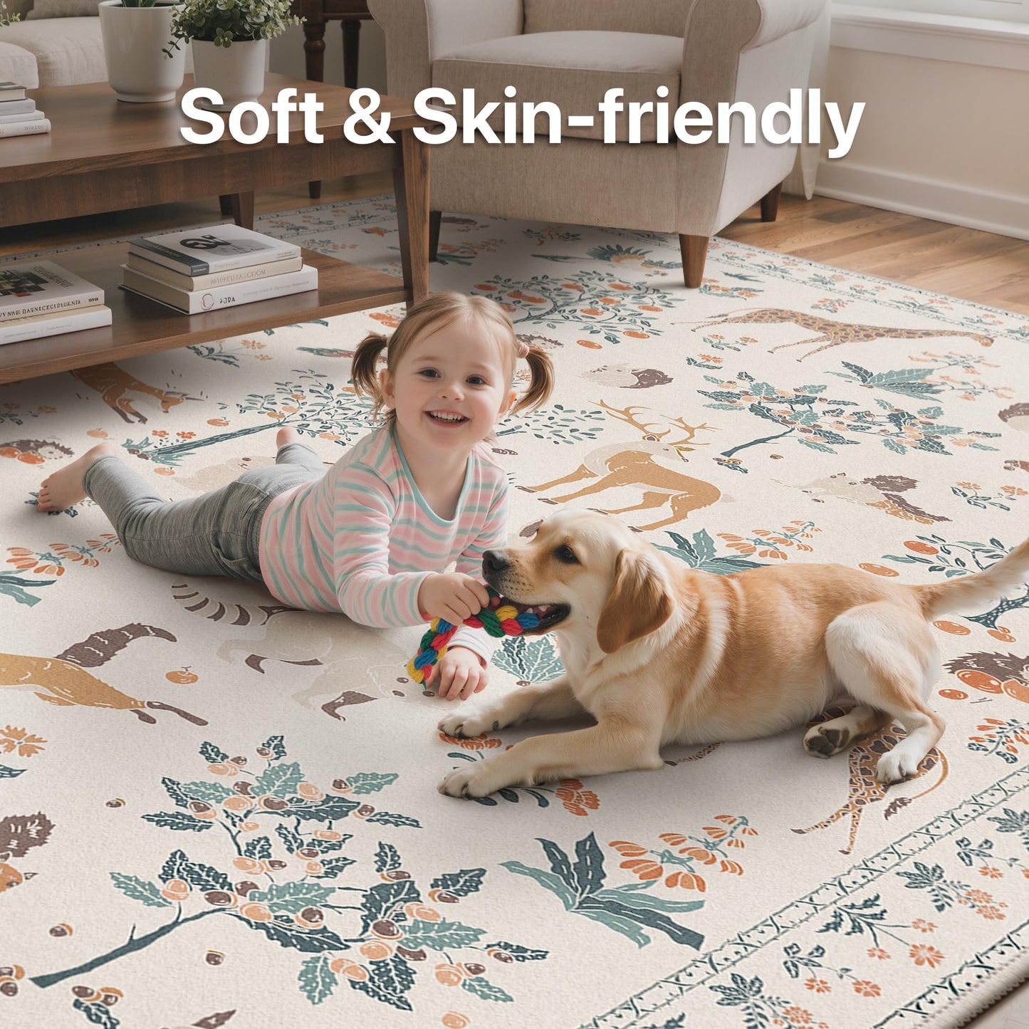 BESBLEE Washable Rugs 3x5, Soft Animal Print Ultra-Thin Low Pile Carpet, Non-Slip Stain Resistant Floral Pet Friendly Woodland Jungle Rug for Playroom Living Room Bedroom Entryway, Beige