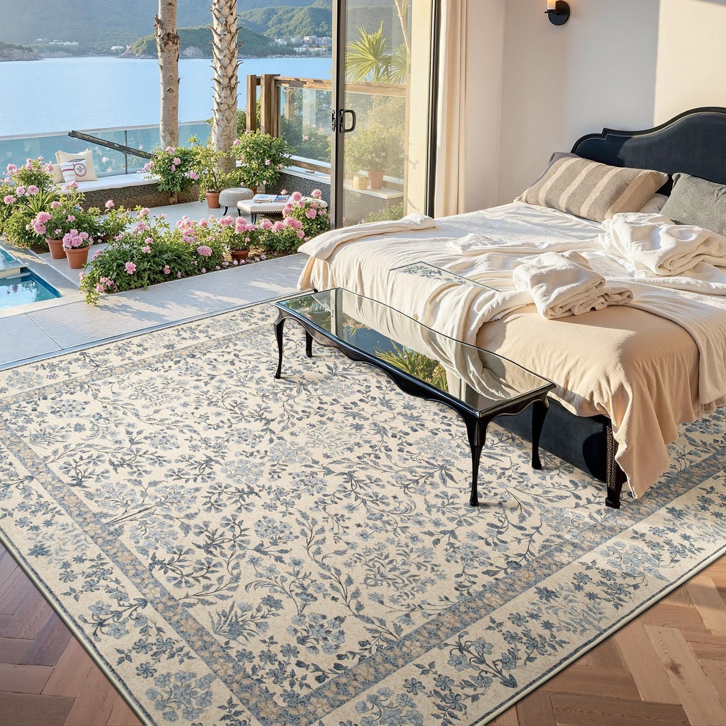 jinchan Zenith Floral 8x10 Area Rug Soft Low-Pile Living Room Rug Machine Washable Non-Slip Vintage Botanical Aesthetic Throw Carpet for Dining Room Bedroom Nursery Blue/Cream
