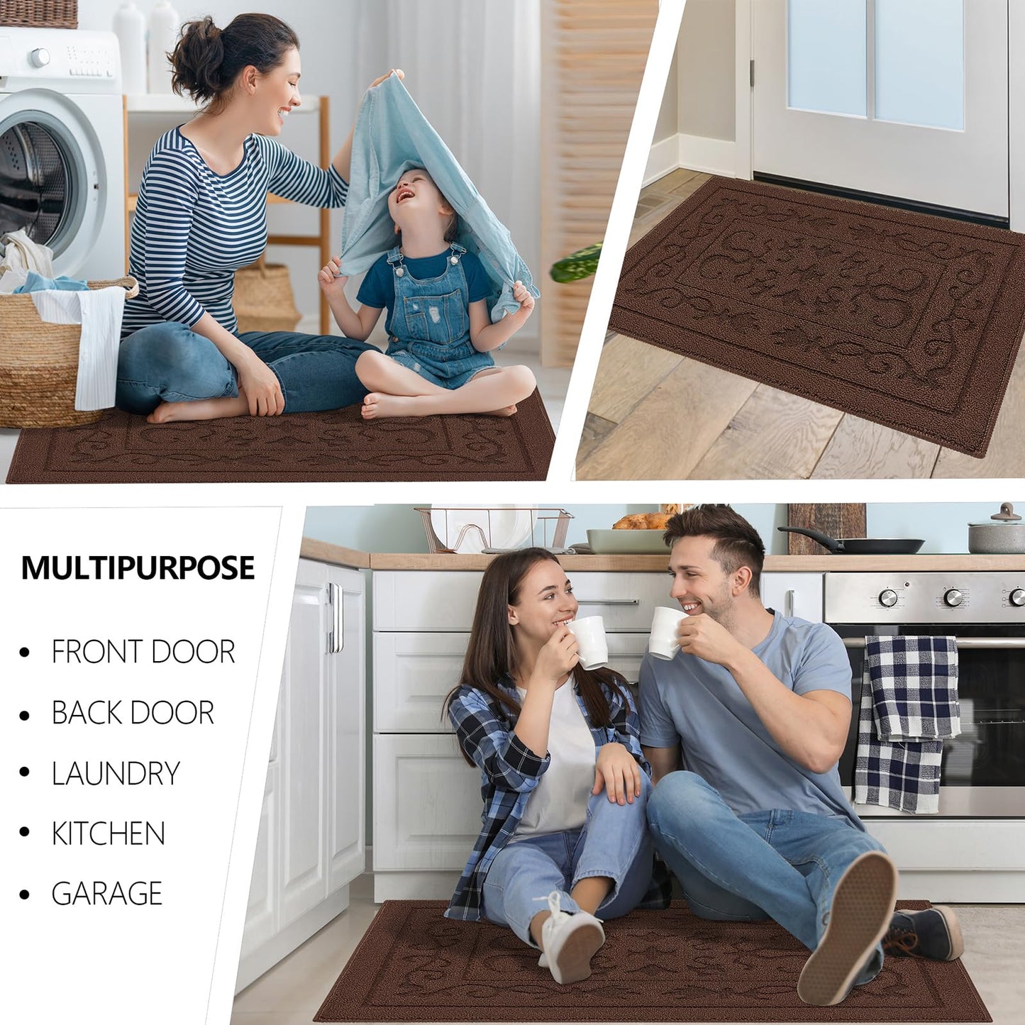 FONEYI Indoor Door Mat for Entryway 24" x 36", Absorbent Dirt Trapper Doormat with Non-Slip Backing, Low Profile Washable Entry Rug for Front Door, Muddy Shoes & Dog Paws, Coffee