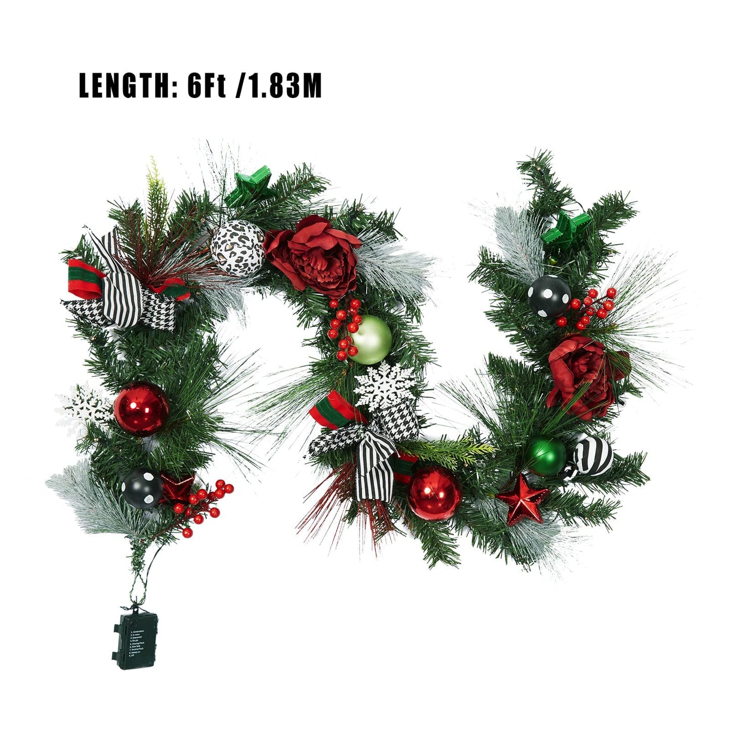 Adeeing 6 FT Christmas Garland with Lights, Pre-lit Outdoor Garland with Battery Operated 20 LED Lights, Holiday Garland with Stars, Flower, Berry Branches(Red and Green)