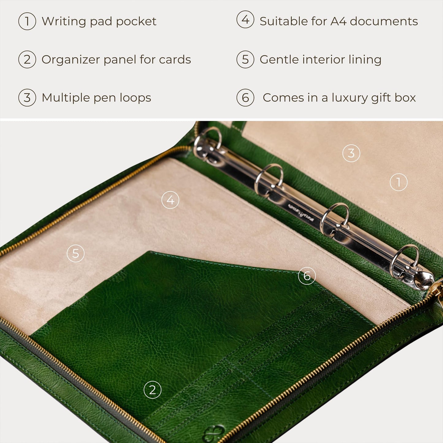 Time Resistance Leather Portfolio – Document Bag with Carry Handle – Tablet Size Case Made in Italy (Green)