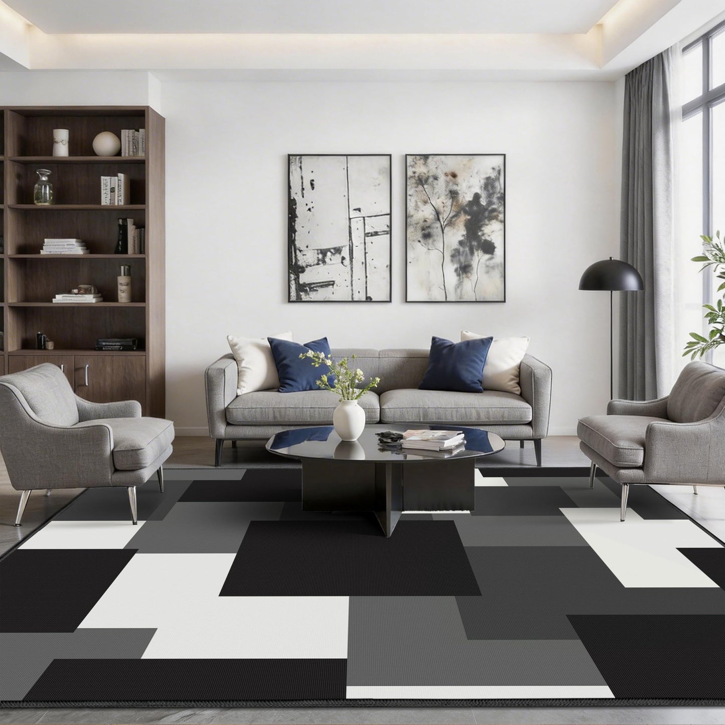 Tyrot Modern Geometric 8x10 Area Rugs for Living Room Ultra Thin Linen-Look Abstract Indoor Rug Non Slip & Non-Shedding Washable Black and White Grey Rug for Bedroom, Dining Room Home Office