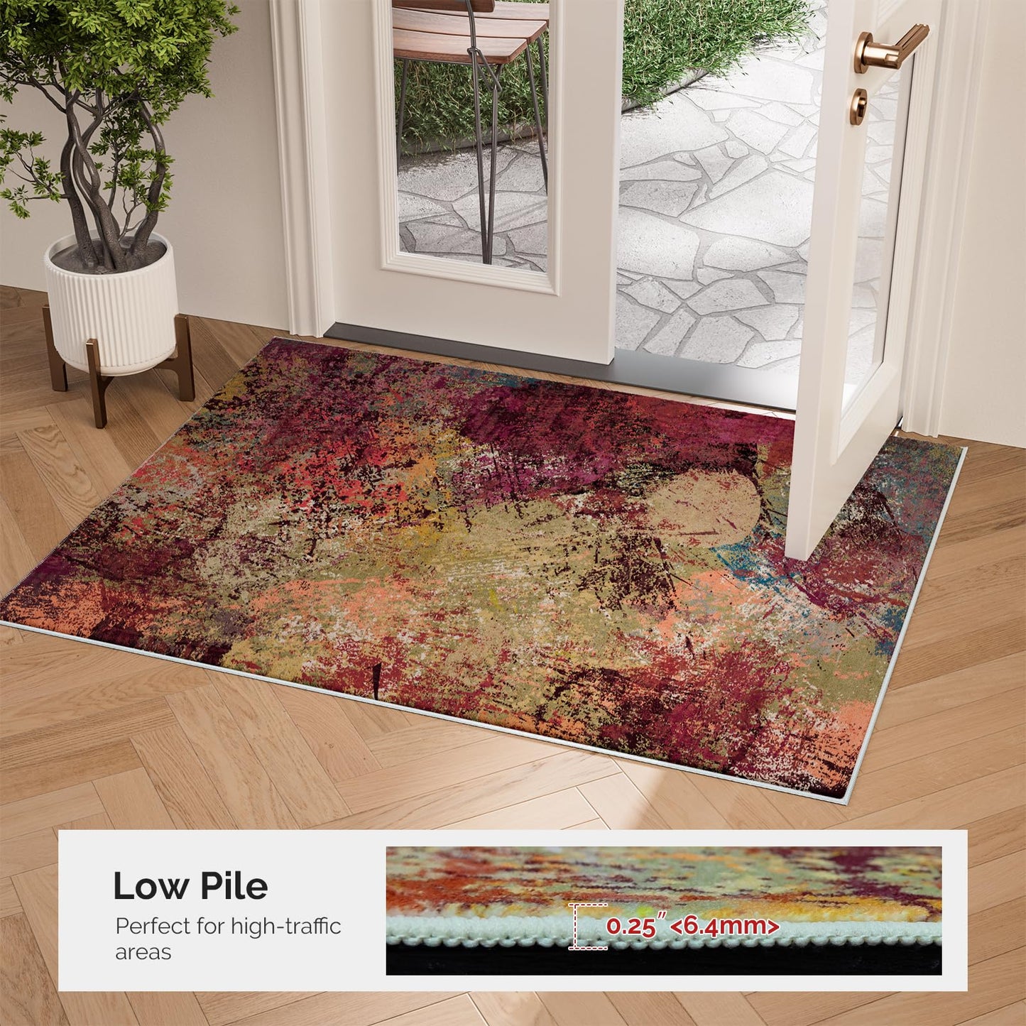 Arbosofe Modern Abstract Area Rug 2'x3' Washable Small Entry Rug, Short Pile with Non-Slip Backing Throw Rugs, Foldable Kitchen Bathroom Rugs, Small Rug with Abstract Pattern for Entryway Red Orange