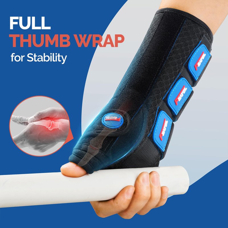 FEATOL Carpal Tunnel Wrist Brace Night Support, Thumb Spica Splint Right Hand for De Quervains Tenosynovitis, Tendonitis, Thumb Brace for Women Men, Black Blue, Large/XLarge