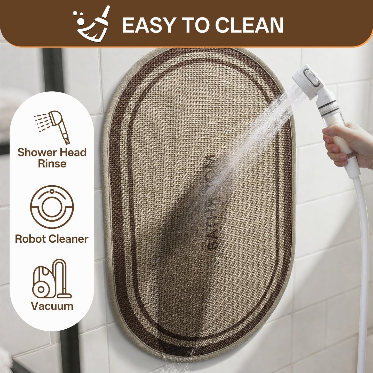 QiCaiJia Ultra Thin Oval Bath Mat Bathroom Rugs, Quick Dry Super Absorbent Washable Bath Shower Mats, Rubber Backing Non Slip Bathroom Rug Fit Under Door, 20x32, Border Brown
