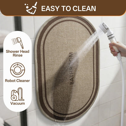 QiCaiJia Ultra Thin Oval Bath Mat Bathroom Rugs, Quick Dry Super Absorbent Washable Bath Shower Mats, Rubber Backing Non Slip Bathroom Rug Fit Under Door, 20x32, Border Brown