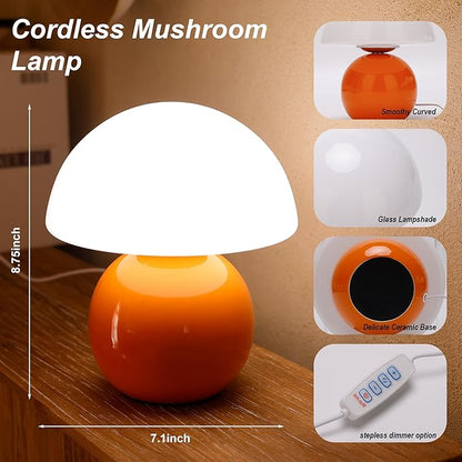 Small Mushroom Lamp,USB-Plug in Bedside Table Lamps with 3-Temperature LED Bulb Dimmable,Unique Cute Aesthetic Home Decor for Living Room,Bedroom, Modern Ceramic Base Glass Lamp(Orange)