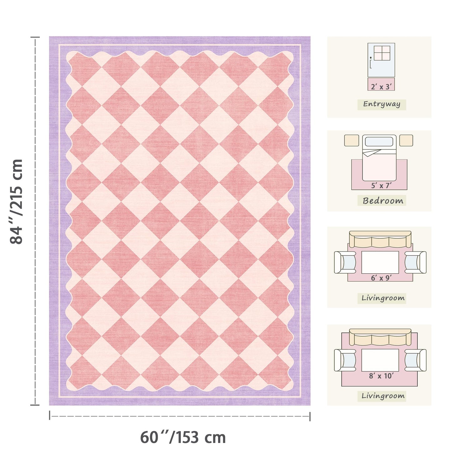 OHWPEAT Pink Purple Checkered Washable 5x7 Area Rug for Living Room, Non Slip Low Pile Cute Rug for Nursery, Soft Indoor Carpet for Bedroom, Kids Nursery, Classroom, Playroom, Kitchen, Dining, Dorm