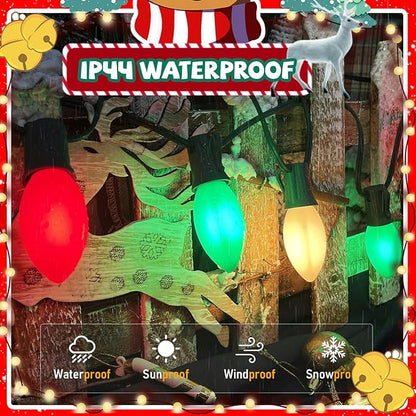 25FT Red Green White Christmas Lights,Vintage C9 LED Christmas Light with 26 Shatterproof Plastic Bulbs,Connectable Multicolor Outdoor Lights for Christmas Tree, Gardens,Party Holiday