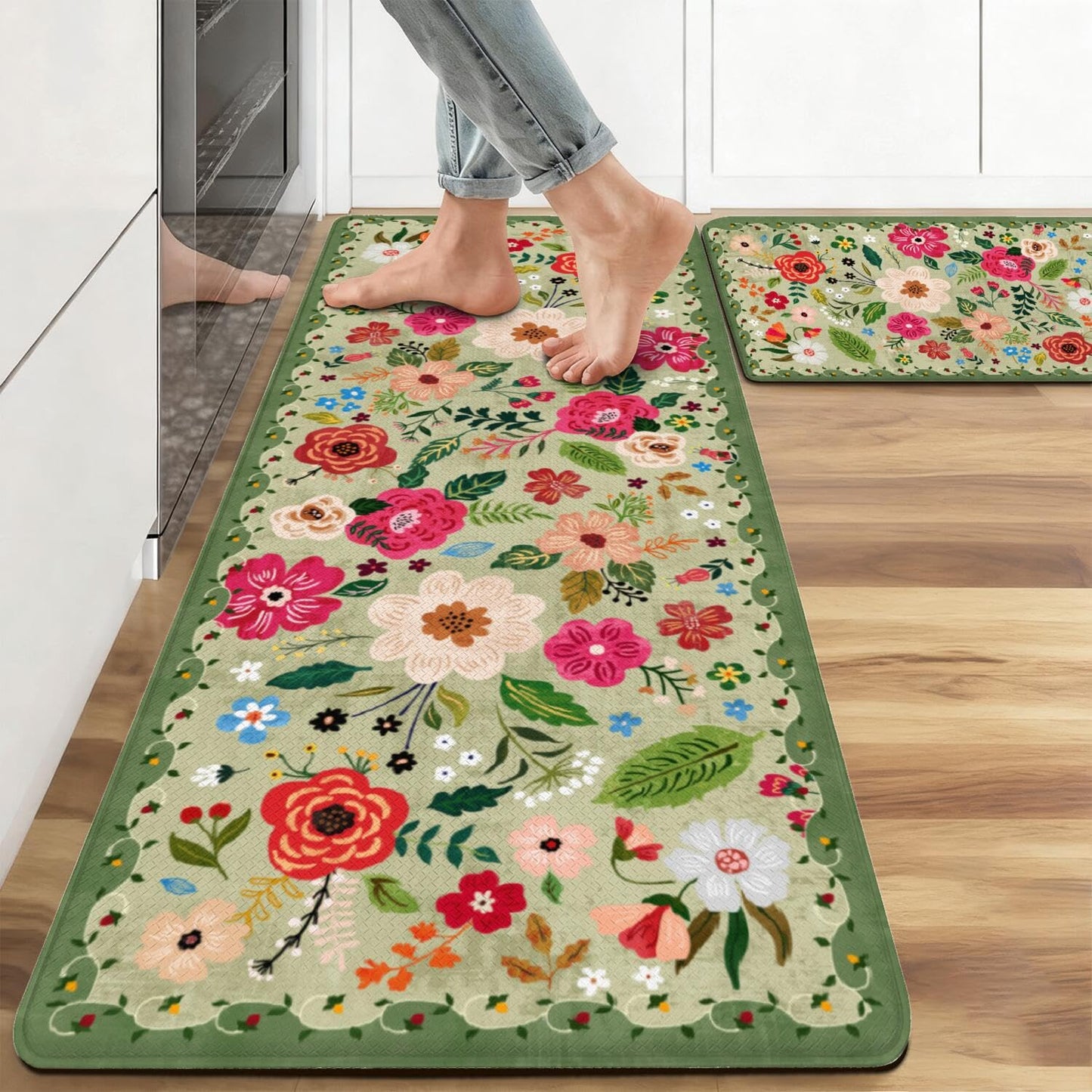 Boho Floral Anti Fatigue kitchen Rugs and Mats Non Slip Comfort Washable Waterproof Floor Kitchen decor Mat, Modern Farmhouse Bohemian rug Set of 2 for Home, Sink, Laundry, 17.3"x47"+17.3"x30"