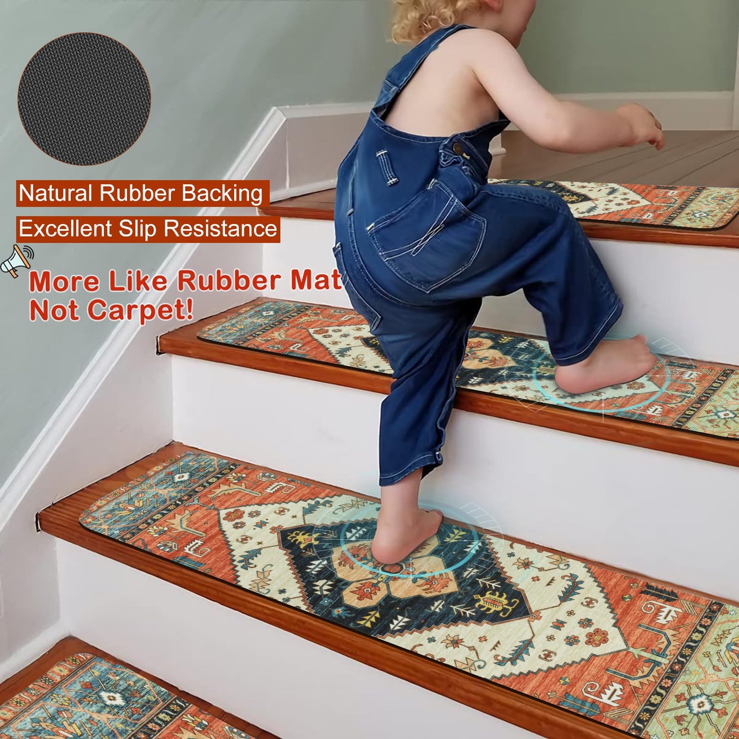 OJIA Non-Slip Carpet Stair Treads for Wooden Steps Set of 15, 30''X8'' Indoor Runner Resistant Rugs Rubber Safety Mats for Dogs, Kids & Elders, Stairway Grip