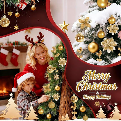 76Pcs Christmas Tree Decorations Set, Gold Assorted Ornaments with Large Shatterproof Plastic Balls, Star Tree Topper, Glitter Berries Stems, Ribbon for Indoor Garland Home Holiday Wedding Decor