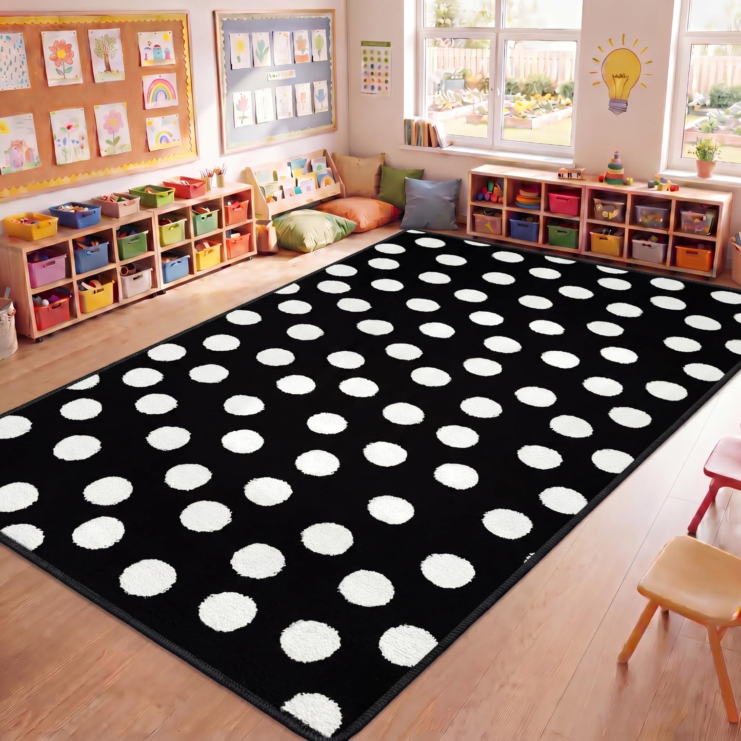 Nuanchu Large Polka Dot Classroom Rug 6.5 x 12.1 ft Black and White Classroom Carpet with Rubber Backing Non-Slip First Day of School Rugs for Playroom Nursery Preschool