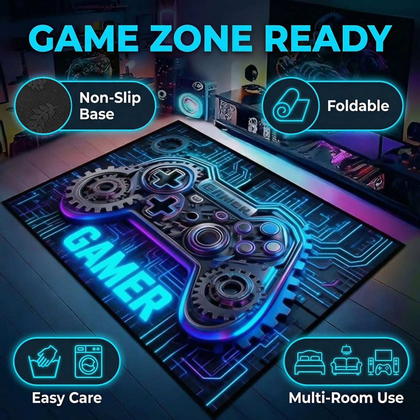 Dowtowter Gaming Rug for Boys Room, Neon Game Controller Area Rug, Non-Slip Gamer Decor Rug,Carpet for Gaming Room Kids Room Bedroom Living (Blue, 39‘’×59‘’)