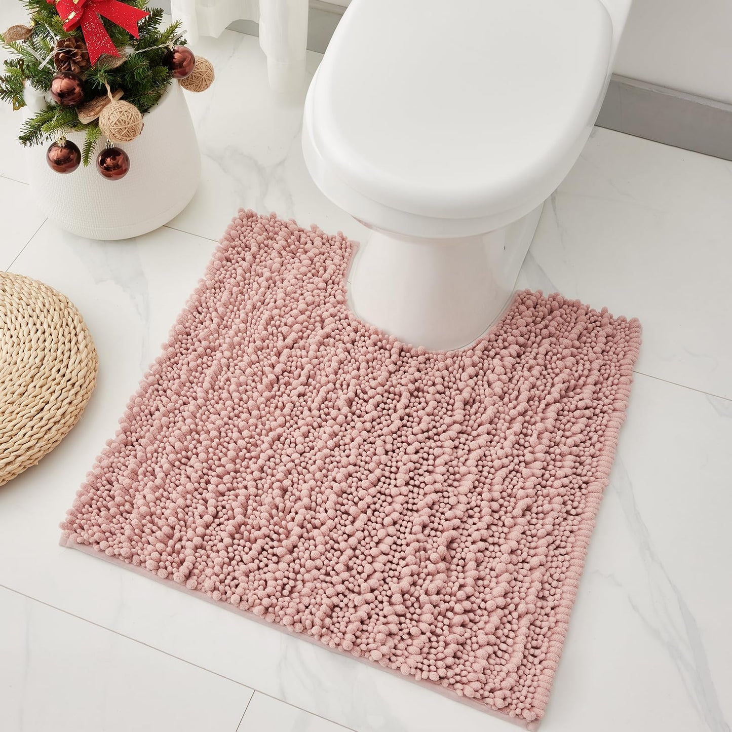 Ruggnovea Toilet Rugs U-Shaped Mat 24x24, Contour Bathroom Mat - Ultra Soft & Absorbent Chenille, Quick-Dry, Machine Washable with Non Slip Barrier Backing, Pink