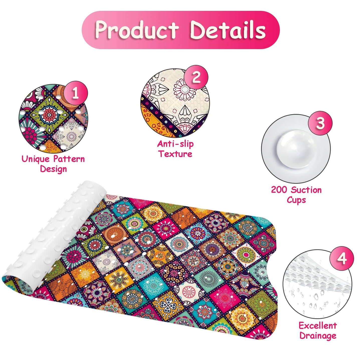 Bathtub Mat Non Slip, Bohemia Extra Long Bath tub Mat Shower Floor Mat with Suction Cups and Drain Holes for Adults Kids Elderly 40 X 16 Inch